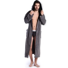KEMUSI Hooded Men's Grey Soft Spa Long Bathrobe,Comfy Full Length Warm Nightd...