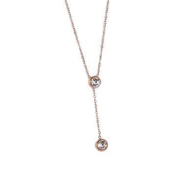 Rose Gold Plated Stainless Steel Dual Zircon Lariat 18 Inch Expandable Necklace