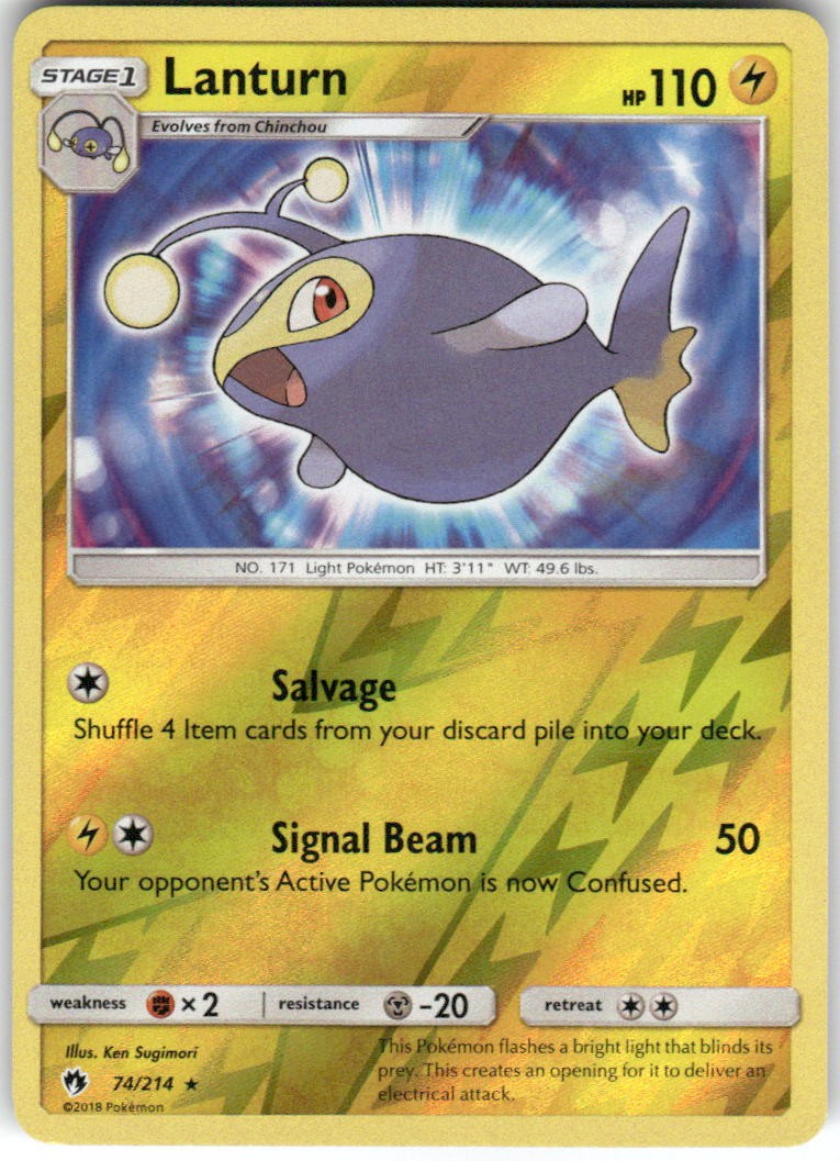 Lanturn 74/214 Rare Lost Thunder Pokemon Reverse Holo Lightly Played