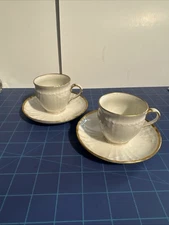 KPM Rocaille White (2) Cup & Saucer Sets With Gold Trim. Very Nice.