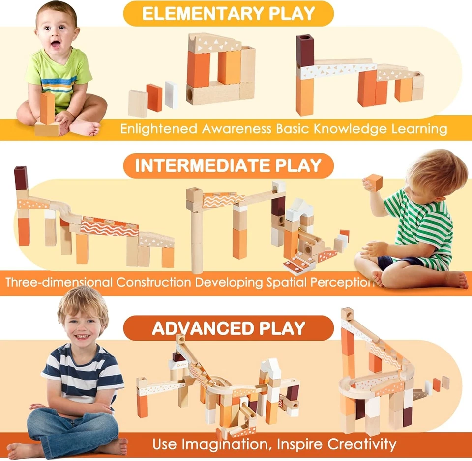 Wooden Marble Run Blocks for Kids 4-8, 80 Pieces Wood Building Blocks Toys and C - Image 4 of 4