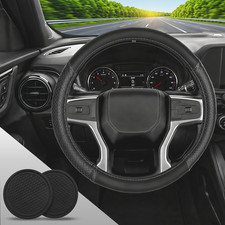 Nappa Leather Car Steering Wheel Cover With Car Coasters Universal 15 Non-slip