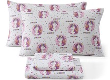 White Unicorn Printed Girls Bed Sheets - 4 Piece Patterned Bed Set - Resistan...