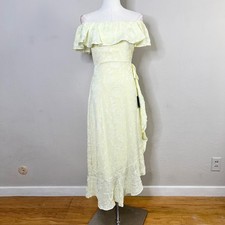Lulus Midi Dress Yellow Floral Jacquard Off Shoulder Flounce Asymmetric XS NWT