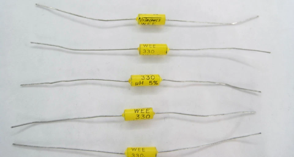 Lote de 6 condensadores de película axial vintage excedente Nytronics Essex WEE 330 UH 5% Foto 2 de 4