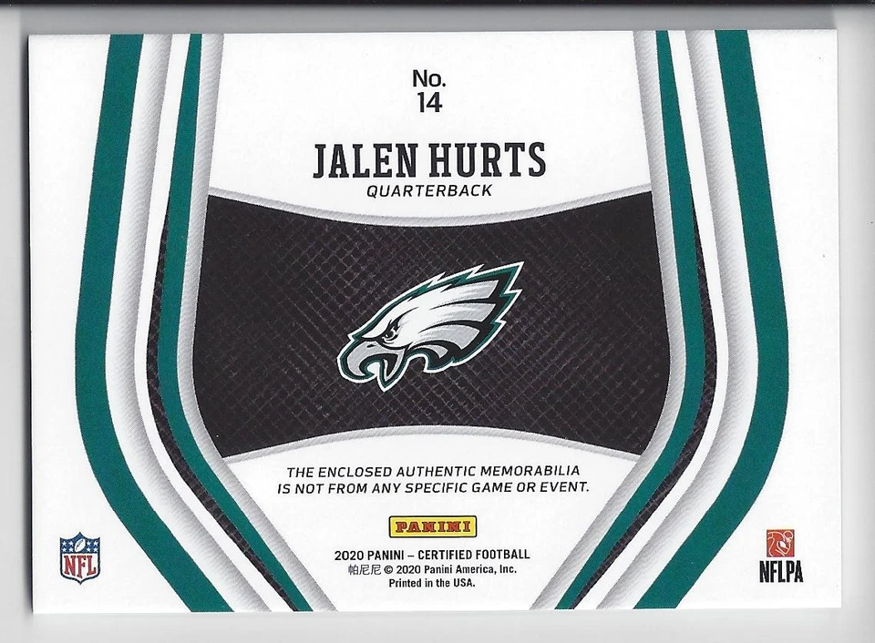 Jalen Hurts Panini Certified New Generation Gold Patch /25 #14 Jalen Hurts RC - Image 2 of 2