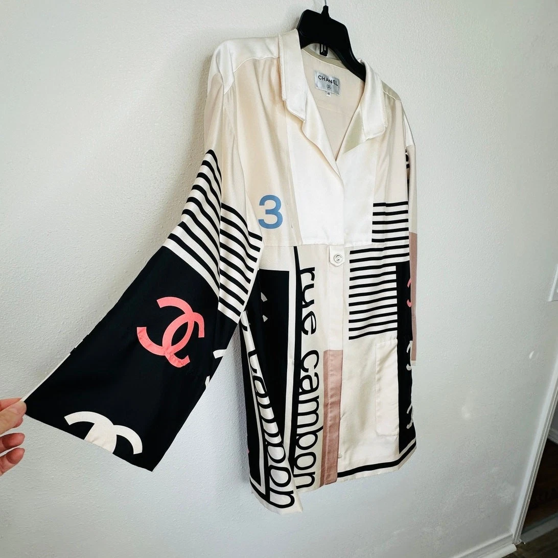 Giacca Chanel 100% seta ecrù multicolore logo Chanel 42 L nuova con etichetta