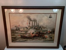 1898 Chromolithograph of Destruction of Admiral Cervera's Fleet 36x28