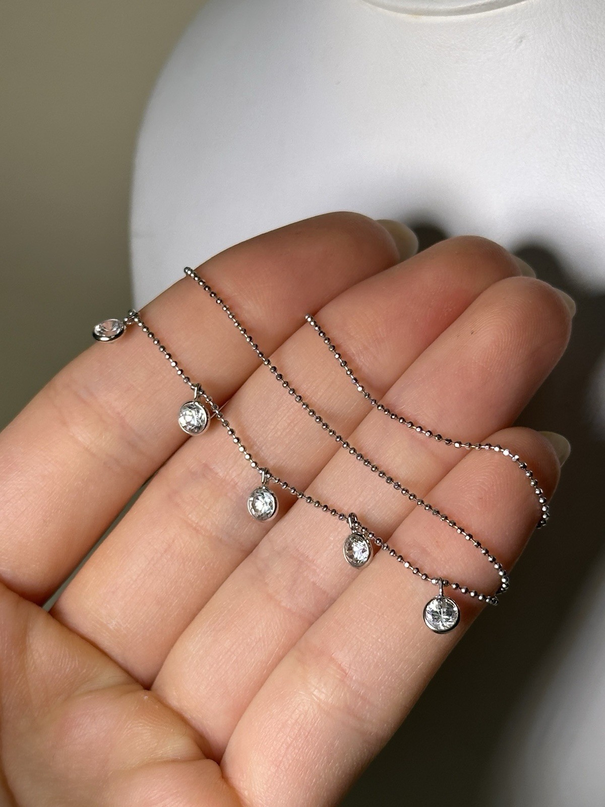 Solid 14K White Gold Dangle Station Necklace & CZ… - image 3