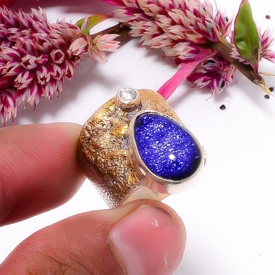 American Dichroic Glass & White Topaz Two Tone 925 Sterling Silver Ring s.7 Sk32