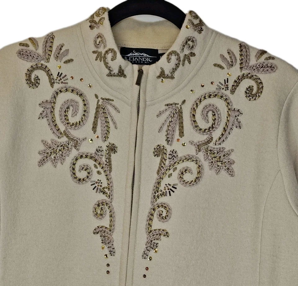 Cárdigan de diseño islandés mediano beige lana hervida adornado cremallera suéter chaqueta   Foto 3 de 4