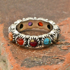 Sterling Silver 925 Colorful Multi Gemstone Decorative Band Ring Size 7