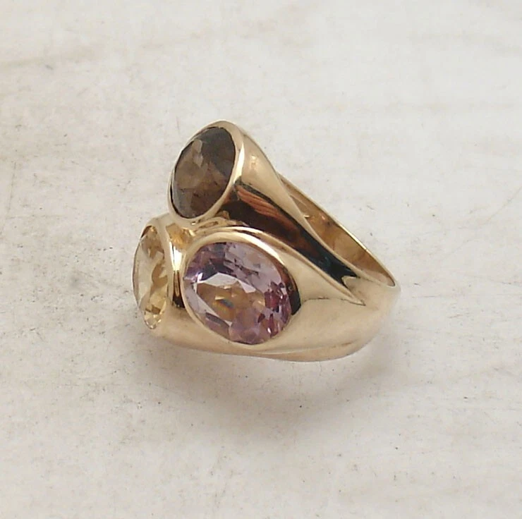 Anillo Technibond tamaño 7 piedras preciosas amatista citrino chapado en oro amarillo de 14K plata Foto 3 de 4
