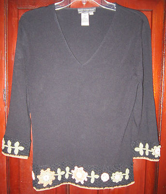 Quest-Ce Que C'est? L M S Knit Sweater Top Shirt Blouse Floral Embroidered Black