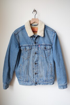 A+ Mens Levi's Sherpa Lined Denim Jacket Coat Medium Trucker Rancher Stone Wash