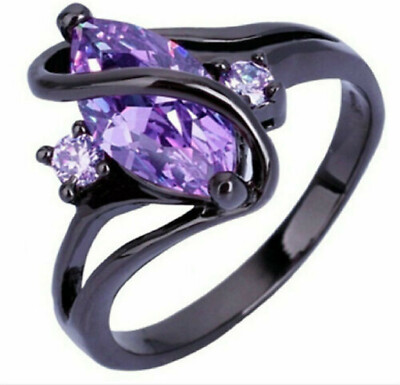 Blue Pink Topaz Marquis Black Titanium Ring Band US Size 5 - 11 Free Gift Box
