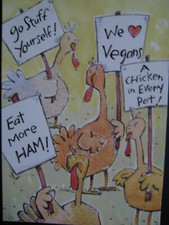 UNUSED vintage greeting card Sunrise THANKSGIVING Protesting Turkeys