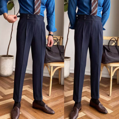 Formal Men's Business Gurkha High Waist Striped Straight Pants Casual Trousers