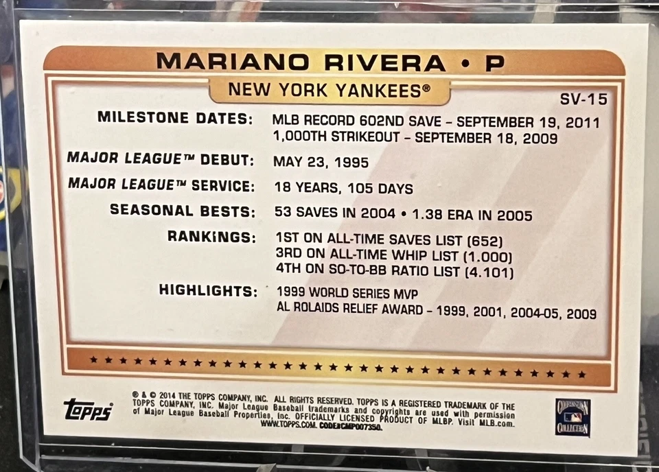 2014 Topps Mariano Rivera SUPER VETERAN #SV-15 - New York Yankees - - Image 2 of 2