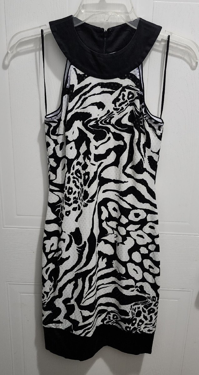 Cache Y2K Mini Halter Dress Sleeveless Sequin White/Black Animal Print Size 