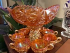 Vintage RARE Carnival Glass Imperial 474 Marigold Punchbowl & Pedestal + 8 cups