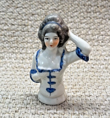 Vintage Bisque Half Doll Pincushion Classic Blue/White, Gray Hair Japan 3" Tall