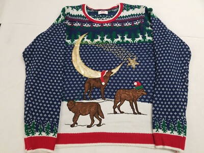 Mens Blue Reindeer Wolves Santa Hat Howling Moon Christmas