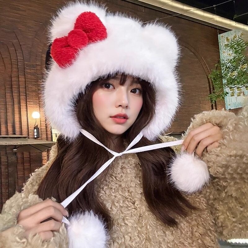 Plush Faux Lambswool Fur Teddy Hat Embroidered Heart Tall Ears Adjustable Cap Polar Bear Plush Animal Hat With Ears Hand Knit White Faux  main image 4