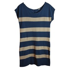 J.Crew Blue Cream Stripe Dress Medium Cotton Pique Henley Casual Midi