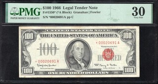 1966 $100 STAR LEGAL TENDER NOTE RED SEAL PMG 30 HUNDRED DOLLAR BILL Fr 1550