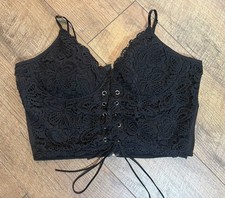 Romwe Women s L Black Floral Lace Corset Bralette Crop Top Lace Up Zip