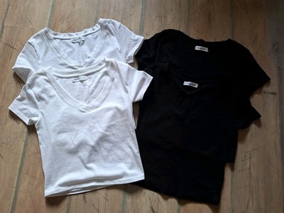 Pull & Bear 4x Cropped Shirts T-Shirt Damen Schwarz Weiss Grösse L V-Ausschnitt