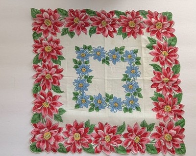 VINTAGE HANKY 1950s FLORAL PRINTE RED PINK BLUE FLOWERS ARE PART OF THE EDGING