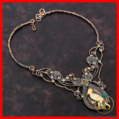 Pear Peanut Wood Jasper Stone Chain Wire Wrapped Flower Necklace Jewelry Copper