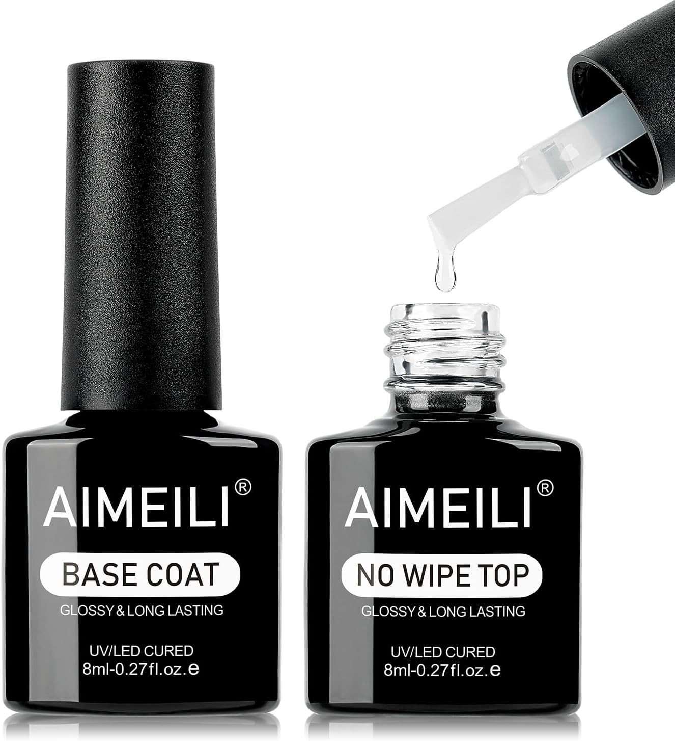 AIMEILI Gel Nail Polish No Wipe Gel Top and Base Coat Set - Shine Finish and Lo