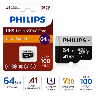 Philips 64GB MicroSDXC Memory Card UHS-I U3 V30 A1 100MB/s 1-4 Pack