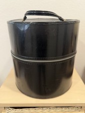 Vtg Black Swift PATENT Wig HAT Box Travel Case With HANDLE Round 13 Larger