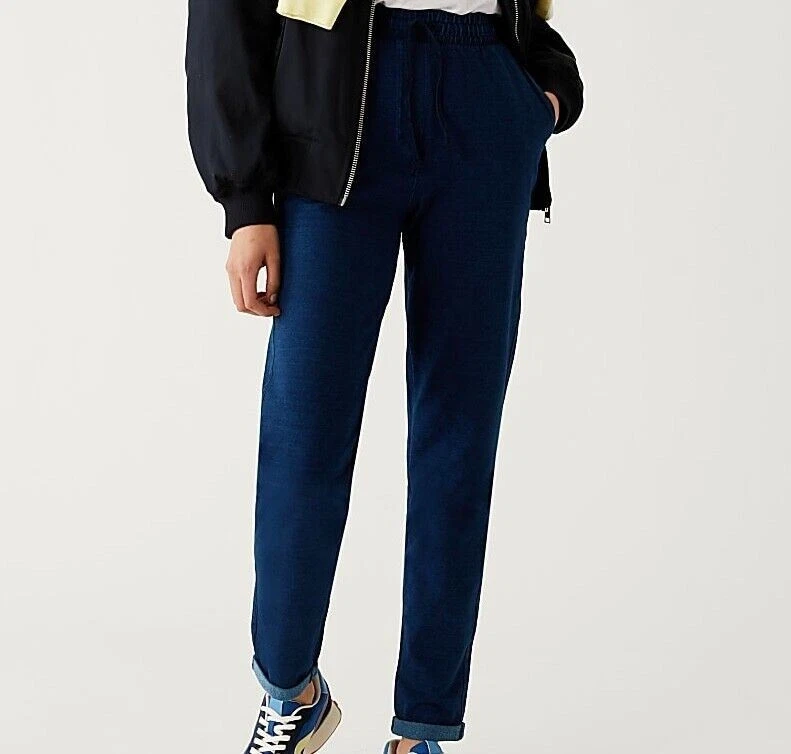 M&S Tapered joggers Jersey Denim Ankle Grazer Ladies High Waist Stretch Pant - Image 2 of 4