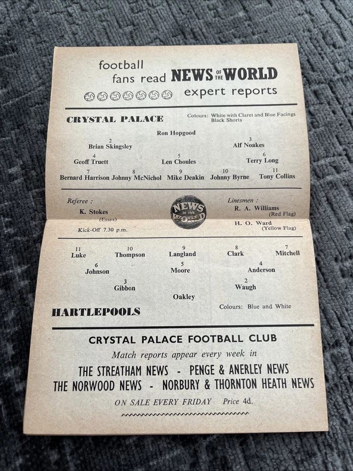 (B) Fourth Division Crystal Palace v Hartlepools 1.10.1958 - Image 2 of 2