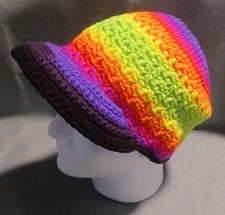 New Handmade Crochet Newsboy Cap Hat Multicolr Neon Stripe Adult  Pls See Pics!