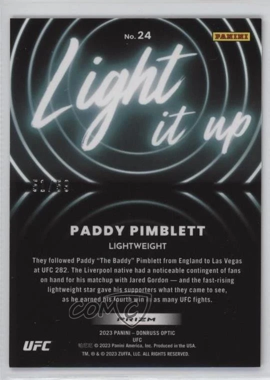2023 Donruss Optic UFC Light It Up Purple Velocity Prizm /59 Paddy Pimblett #24 - Image 2 of 2