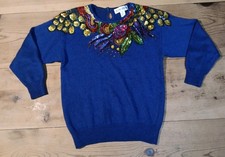 Vtg Victoria Harbour Women S Sweater Pullover Beaded Front Ramie Cotton Blue