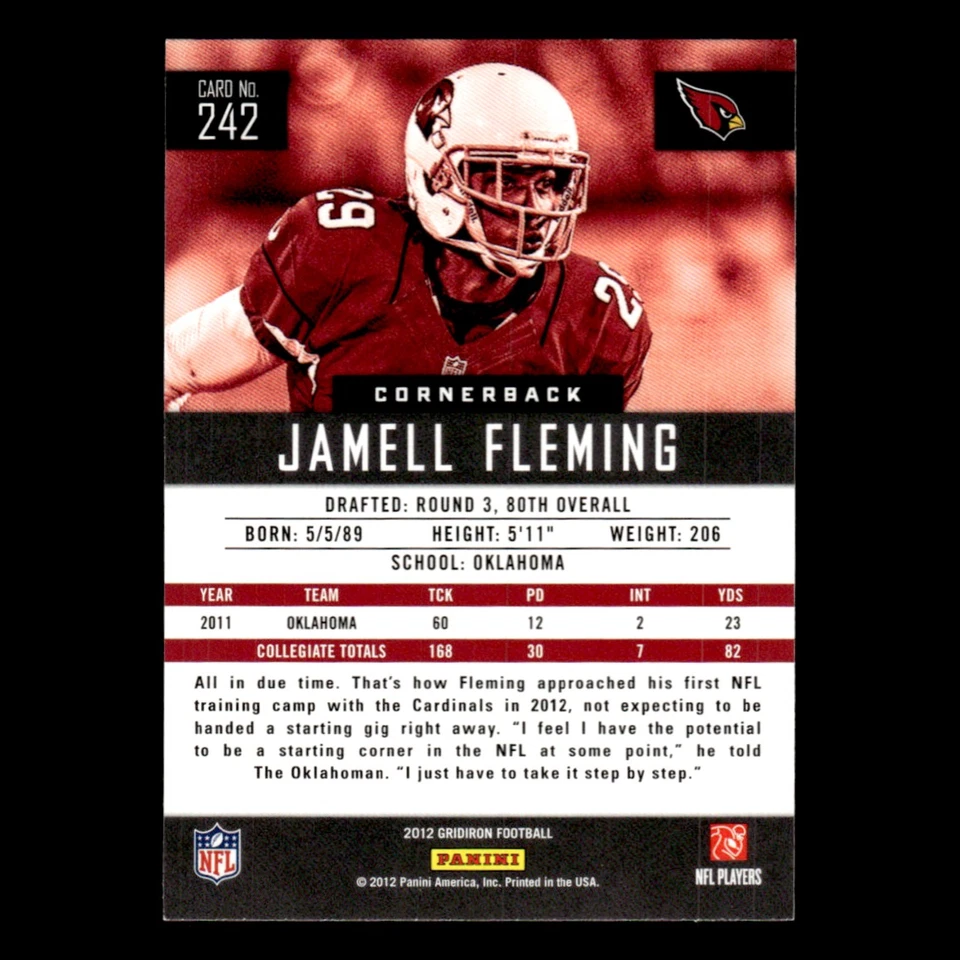 Jamell Fleming Rookie #242 2012 Panini Gridiron Arizona Cardinals Football Card - Image 2 of 3