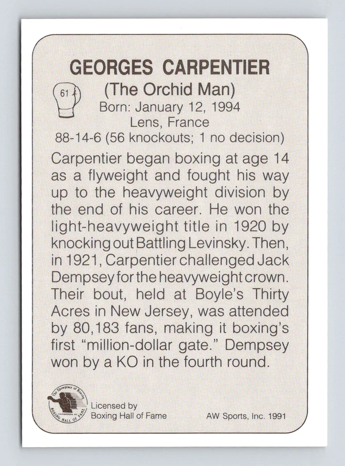 1991 All World Card, #61 Georges Carpentier Hall of Fame, Lens, France - Image 2 of 3