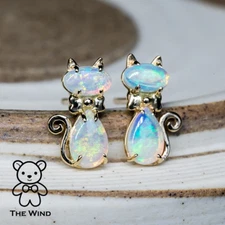 Cat Kitten Australian Solid Opal Stud Earrings Adorable Cat Bow 14K Yellow Gold