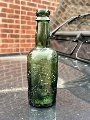1890 s Green Glass PENNY FARTHING Cycle Pictorial Beer Bottle - 1/2 Pint (J791)
