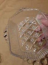  Vtg Clear Glass Relish candy condiment 6 sided dish w Handles, ornate base