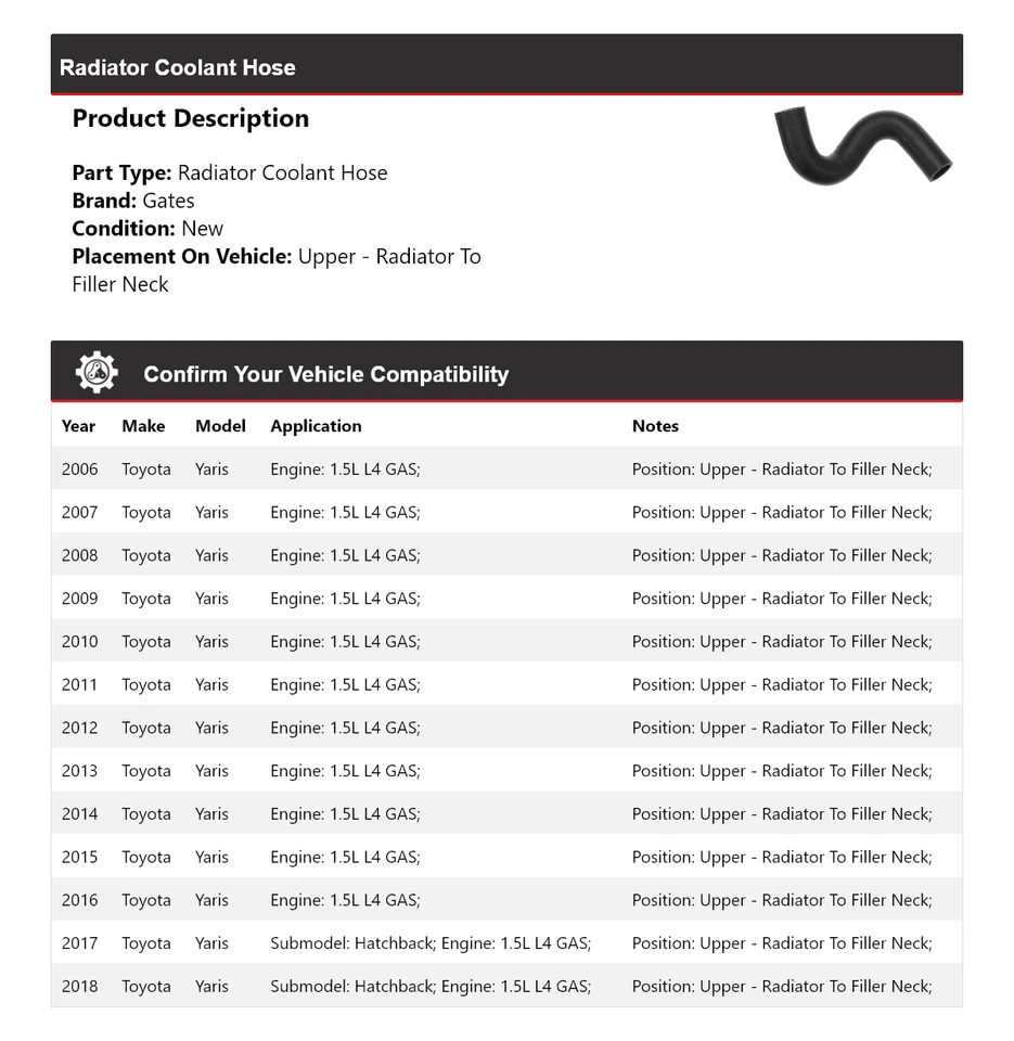 适用于 2006 - 2018 年丰田 Yaris 散热器 冷却液软管门 2007 2008 2009 2010 2011 — 第 2/4 张图片