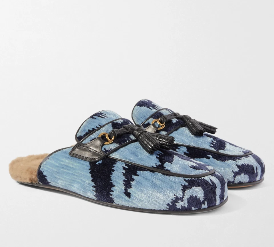 Mocassim sem costas Tom Ford Stephan Shearling estampa veludo borlas tamanho UK 8 