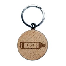 Kawaii Crayon Crafts Teacher School Engraved Wood Round Keychain Tag Charm